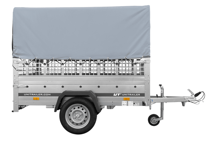 Einachsanhänger auf Federn 200×125 UNITRAILER GARDEN 201/R KIPP mit Gitterwänden, H-800-Rahmen und grauer Plane-Neu
