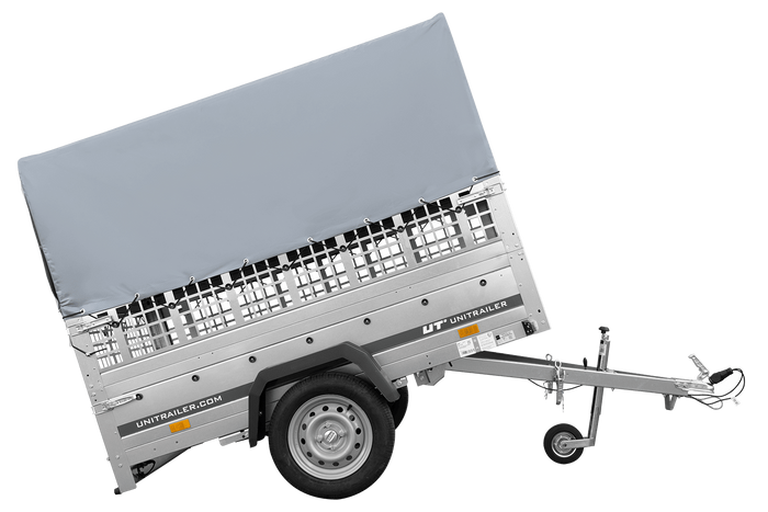 Einachsanhänger auf Federn 200×125 UNITRAILER GARDEN 201/R KIPP mit Gitterwänden, H-800-Rahmen und grauer Plane-Neu