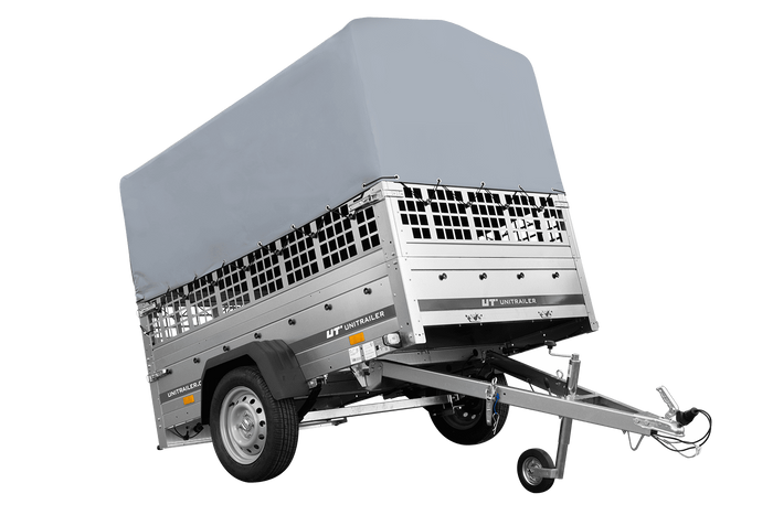 Einachsanhänger auf Federn 200×125 UNITRAILER GARDEN 201/R KIPP mit Gitterwänden, H-800-Rahmen und grauer Plane-Neu