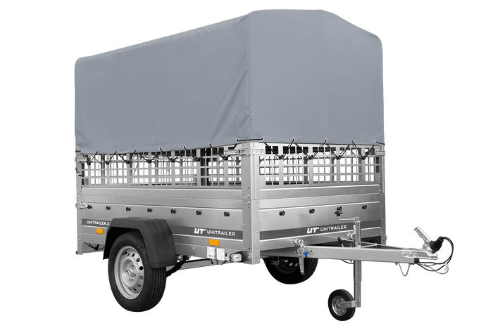 Einachsanhänger auf Federn 200×125 UNITRAILER GARDEN 201/R KIPP mit Gitterwänden, H-800-Rahmen und grauer Plane-Neu
