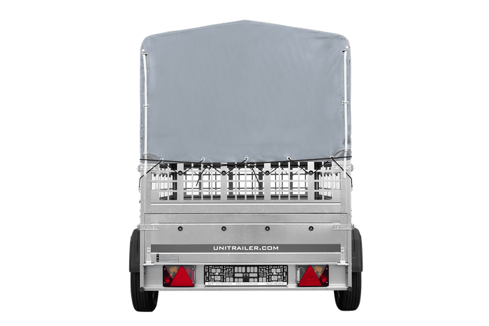 Einachsanhänger auf Federn 200×125 UNITRAILER GARDEN 201/R KIPP mit Gitterwänden, H-800-Rahmen und grauer Plane-Neu