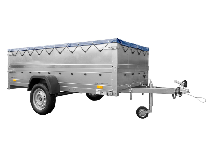 Einachsanhänger auf Federn 264×125 UNITRAILER GARDEN 264/R KIPP mit BIS-Seiten, H-0-Rahmen und blauer Plane-Neu