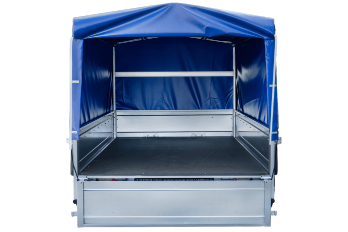 Einachsanhänger mit Blattfedern 264×125 UNITRAILER GARDEN 264/R KIPP mit H-800-Rahmen und blauer Plane-Neu
