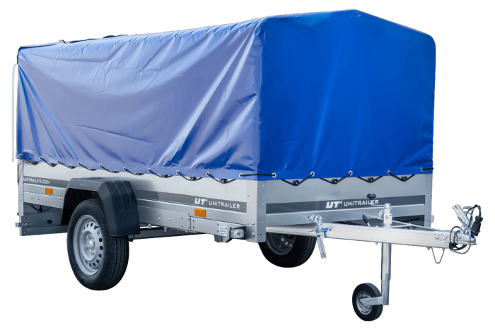 Einachsanhänger mit Blattfedern 264×125 UNITRAILER GARDEN 264/R KIPP mit H-800-Rahmen und blauer Plane-Neu