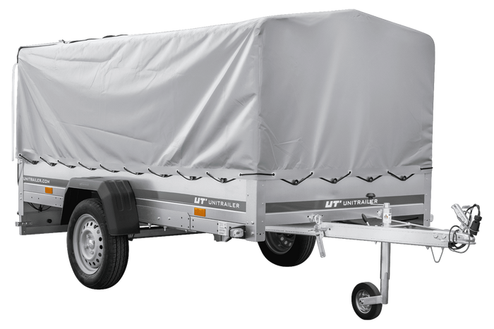 Einachsanhänger mit Blattfedern 264×125 UNITRAILER GARDEN 264/R KIPP mit H-800-Rahmen und grauer Plane-Neu