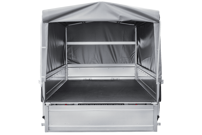 Einachsanhänger mit Blattfedern 264×125 UNITRAILER GARDEN 264/R KIPP mit H-800-Rahmen und grauer Plane-Neu