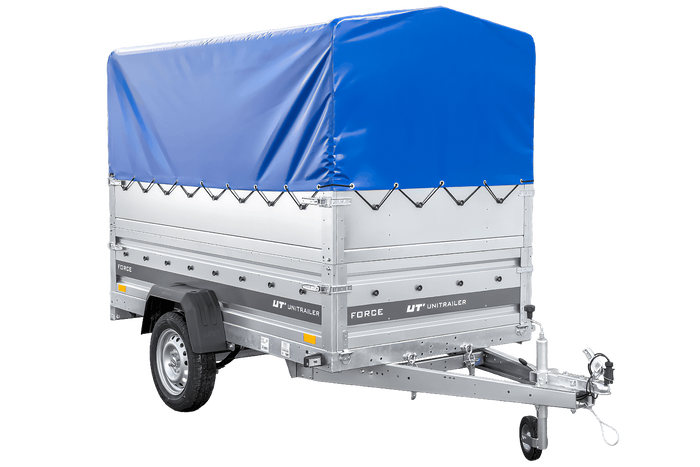 Einachsiger Anhänger auf Blattfedern 230×125 UNITRAILER FORCE 230/R KIPP mit BIS-Seitenwänden, H-800-Rahmen und blauer Plane-Neu