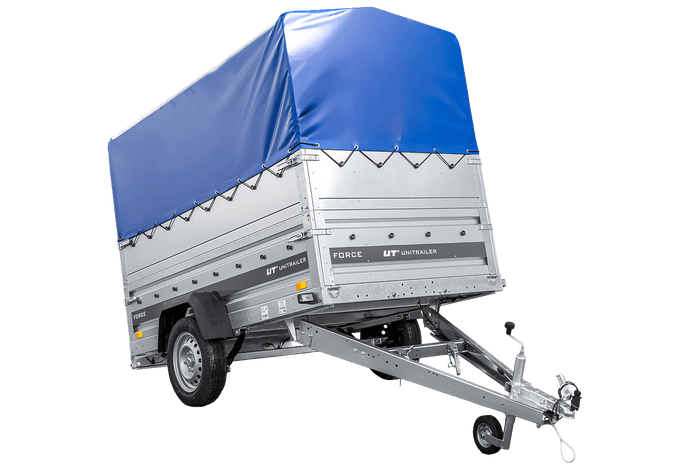 Einachsiger Anhänger auf Blattfedern 230×125 UNITRAILER FORCE 230/R KIPP mit BIS-Seitenwänden, H-800-Rahmen und blauer Plane-Neu