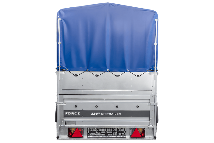 Einachsiger Anhänger auf Blattfedern 230×125 UNITRAILER FORCE 230/R KIPP mit BIS-Seitenwänden, H-800-Rahmen und blauer Plane-Neu
