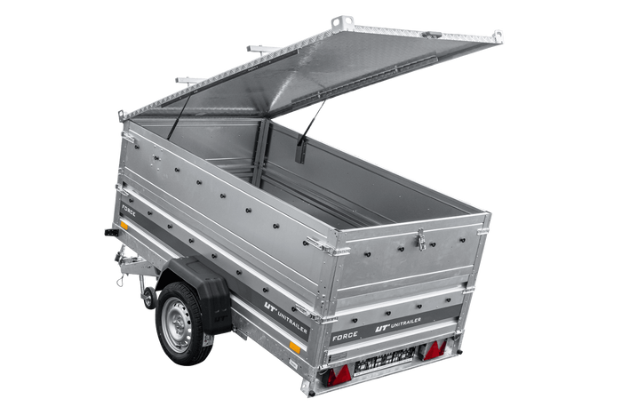 Einachsiger Anhänger auf Blattfedern 230×125 UNITRAILER FORCE 230/R KIPP mit BIS-Seitenwänden und Aluminiumabdeckung-Neu