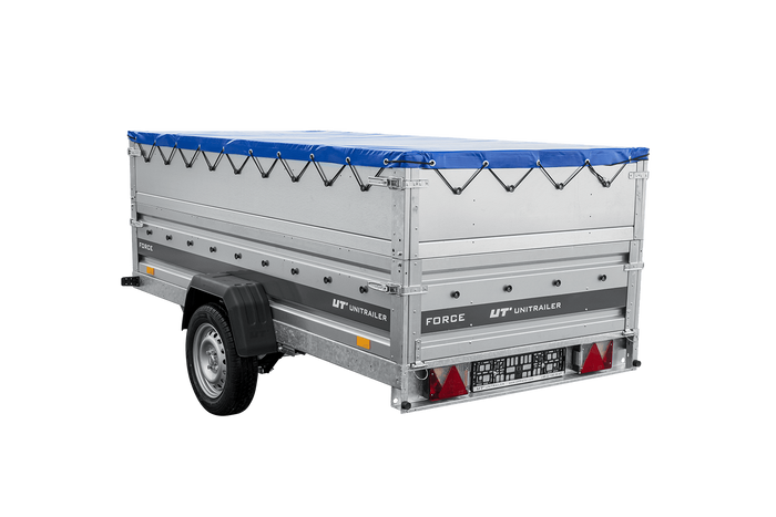 Einachsiger Anhänger auf Blattfedern 264×125 UNITRAILER FORCE 264/R KIPP mit BIS-Seitenwänden, H-0-Rahmen und blauer Plane-Neu