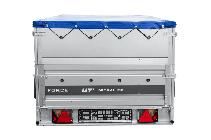 Einachsiger Anhänger auf Blattfedern 264×125 UNITRAILER FORCE 264/R KIPP mit BIS-Seitenwänden, H-0-Rahmen und blauer Plane-Neu