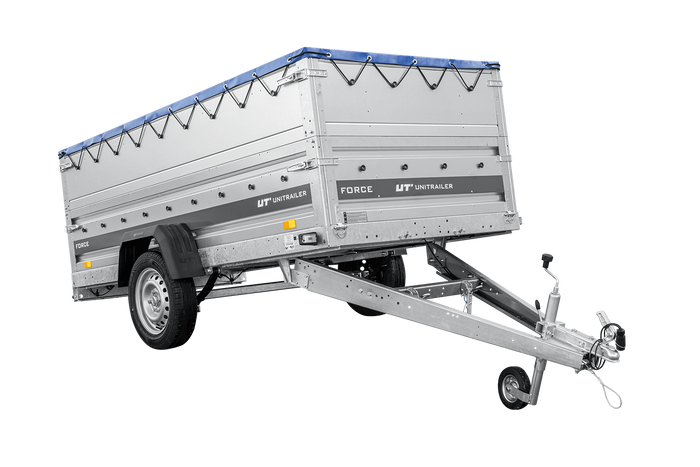 Einachsiger Anhänger auf Blattfedern 264×125 UNITRAILER FORCE 264/R KIPP mit BIS-Seitenwänden, H-0-Rahmen und blauer Plane-Neu