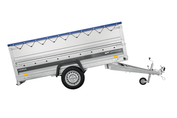 Einachsiger Anhänger auf Blattfedern 264×125 UNITRAILER FORCE 264/R KIPP mit BIS-Seitenwänden, H-0-Rahmen und blauer Plane-Neu