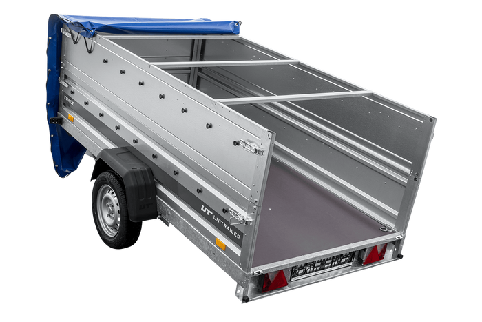 Einachsiger Anhänger auf Blattfedern 264×125 UNITRAILER FORCE 264/R KIPP mit BIS-Seitenwänden, H-0-Rahmen und blauer Plane-Neu