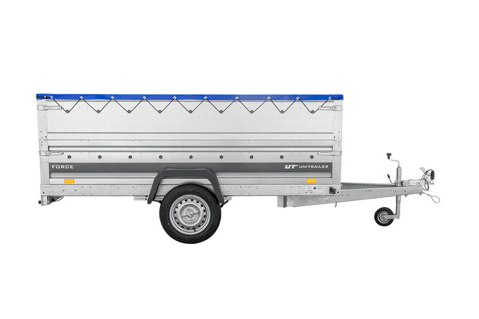 Einachsiger Anhänger auf Blattfedern 264×125 UNITRAILER FORCE 264/R KIPP mit BIS-Seitenwänden, H-0-Rahmen und blauer Plane-Neu
