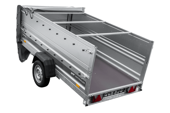 Einachsiger Anhänger auf Blattfedern 264×125 UNITRAILER FORCE 264/R KIPP mit BIS-Seitenwänden, H-0-Rahmen und grauer Plane-Neu
