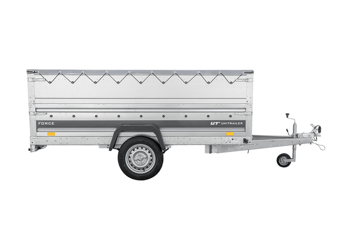 Einachsiger Anhänger auf Blattfedern 264×125 UNITRAILER FORCE 264/R KIPP mit BIS-Seitenwänden, H-0-Rahmen und grauer Plane-Neu