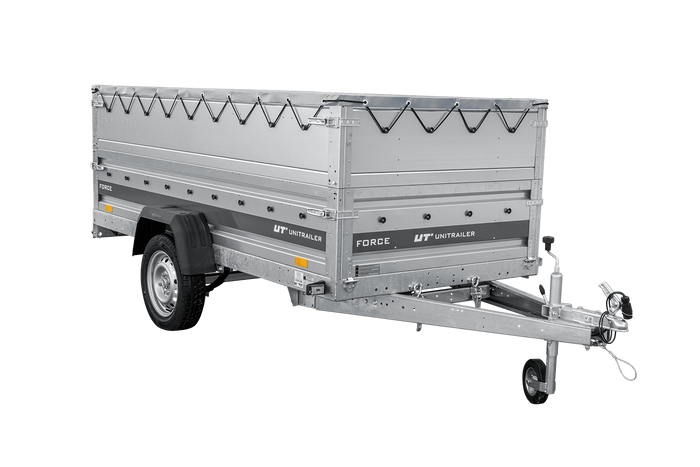 Einachsiger Anhänger auf Blattfedern 264×125 UNITRAILER FORCE 264/R KIPP mit BIS-Seitenwänden, H-0-Rahmen und grauer Plane-Neu