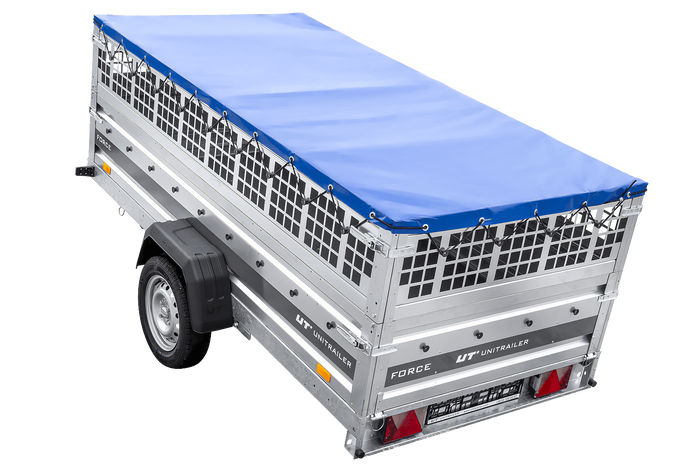 Einachsiger Anhänger auf Blattfedern 264×125 UNITRAILER FORCE 264/R KIPP mit Gitterseitenwänden, H-0-Rahmen und blauer Plane-Neu