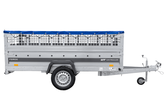 Einachsiger Anhänger auf Blattfedern 264×125 UNITRAILER FORCE 264/R KIPP mit Gitterseitenwänden, H-0-Rahmen und blauer Plane-Neu