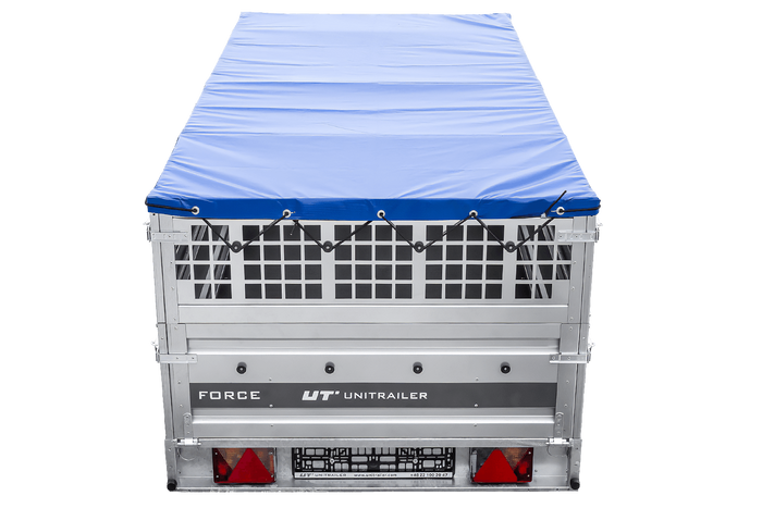 Einachsiger Anhänger auf Blattfedern 264×125 UNITRAILER FORCE 264/R KIPP mit Gitterseitenwänden, H-0-Rahmen und blauer Plane-Neu
