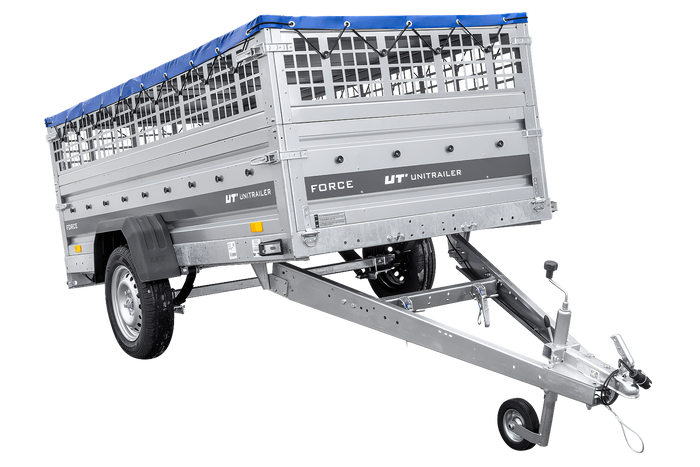 Einachsiger Anhänger auf Blattfedern 264×125 UNITRAILER FORCE 264/R KIPP mit Gitterseitenwänden, H-0-Rahmen und blauer Plane-Neu