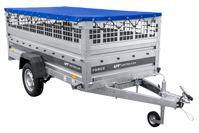 Einachsiger Anhänger auf Blattfedern 264×125 UNITRAILER FORCE 264/R KIPP mit Gitterseitenwänden, H-0-Rahmen und blauer Plane-Neu