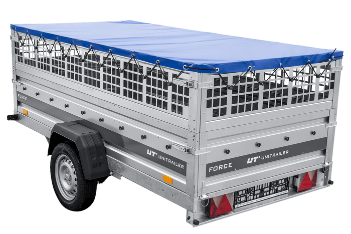 Einachsiger Anhänger auf Blattfedern 264×125 UNITRAILER FORCE 264/R KIPP mit Gitterseitenwänden, H-0-Rahmen und blauer Plane-Neu