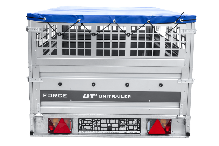 Einachsiger Anhänger auf Blattfedern 264×125 UNITRAILER FORCE 264/R KIPP mit Gitterseitenwänden, H-0-Rahmen und blauer Plane-Neu