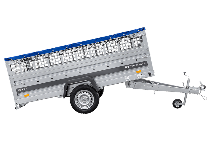 Einachsiger Anhänger auf Blattfedern 264×125 UNITRAILER FORCE 264/R KIPP mit Gitterseitenwänden, H-0-Rahmen und blauer Plane-Neu