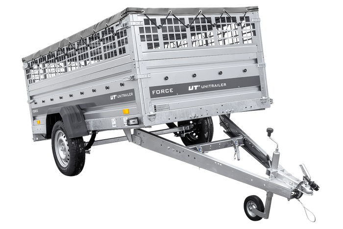 Einachsiger Anhänger auf Blattfedern 264×125 UNITRAILER FORCE 264/R KIPP mit Gitterseitenwänden, H-0-Rahmen und grauer Plane-Neu
