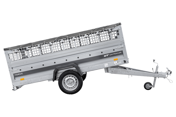 Einachsiger Anhänger auf Blattfedern 264×125 UNITRAILER FORCE 264/R KIPP mit Gitterseitenwänden, H-0-Rahmen und grauer Plane-Neu