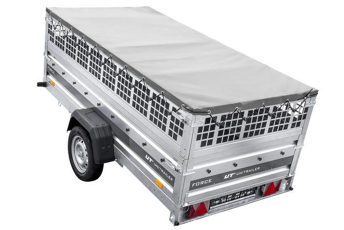 Einachsiger Anhänger auf Blattfedern 264×125 UNITRAILER FORCE 264/R KIPP mit Gitterseitenwänden, H-0-Rahmen und grauer Plane-Neu