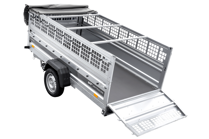 Einachsiger Anhänger auf Blattfedern 264×125 UNITRAILER FORCE 264/R KIPP mit Gitterseitenwänden, H-0-Rahmen und grauer Plane-Neu