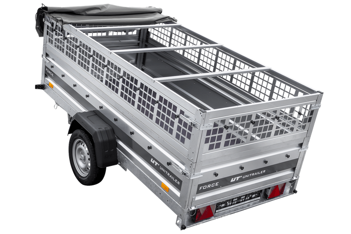 Einachsiger Anhänger auf Blattfedern 264×125 UNITRAILER FORCE 264/R KIPP mit Gitterseitenwänden, H-0-Rahmen und grauer Plane-Neu