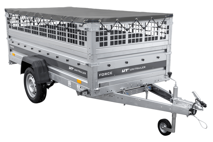 Einachsiger Anhänger auf Blattfedern 264×125 UNITRAILER FORCE 264/R KIPP mit Gitterseitenwänden, H-0-Rahmen und grauer Plane-Neu