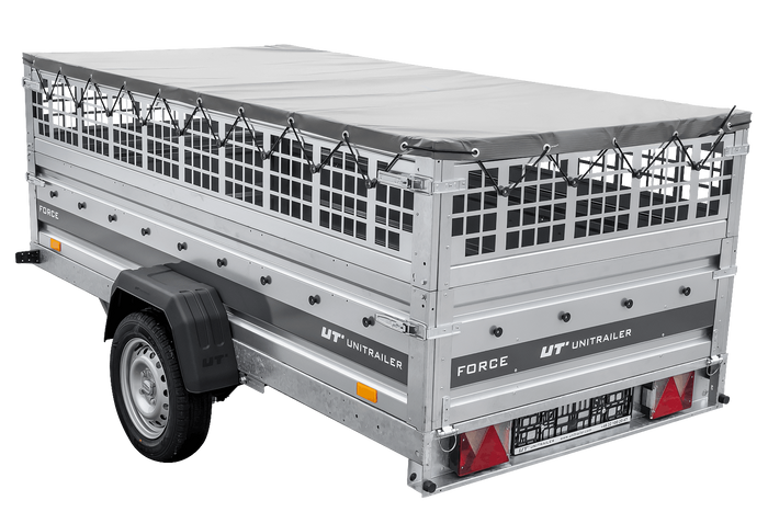 Einachsiger Anhänger auf Blattfedern 264×125 UNITRAILER FORCE 264/R KIPP mit Gitterseitenwänden, H-0-Rahmen und grauer Plane-Neu