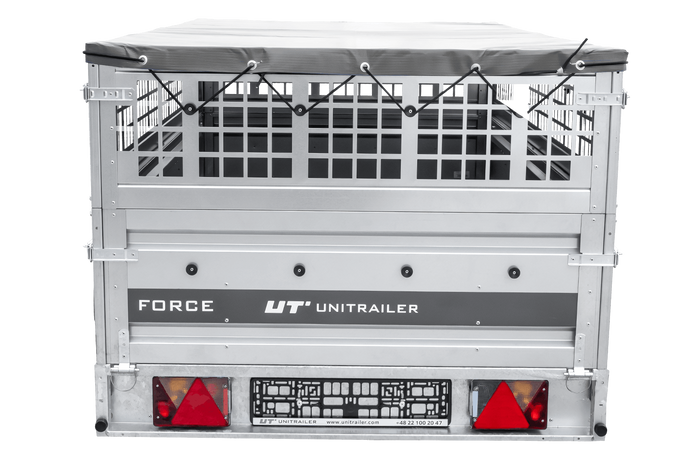 Einachsiger Anhänger auf Blattfedern 264×125 UNITRAILER FORCE 264/R KIPP mit Gitterseitenwänden, H-0-Rahmen und grauer Plane-Neu