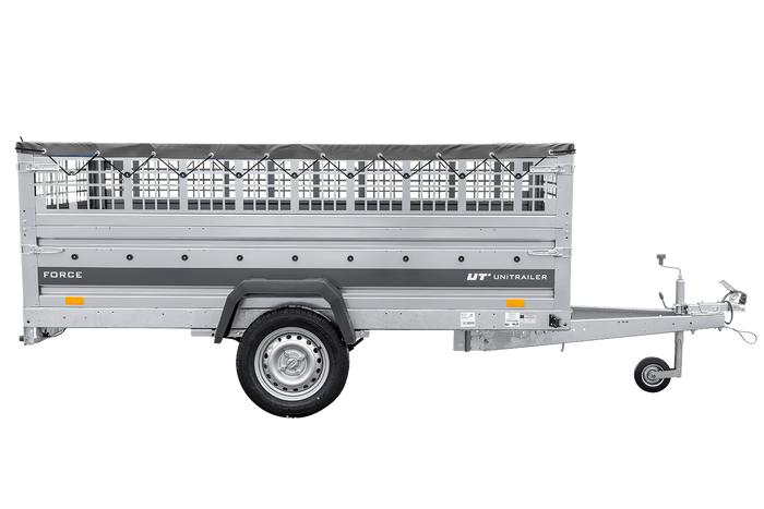 Einachsiger Anhänger auf Blattfedern 264×125 UNITRAILER FORCE 264/R KIPP mit Gitterseitenwänden, H-0-Rahmen und grauer Plane-Neu