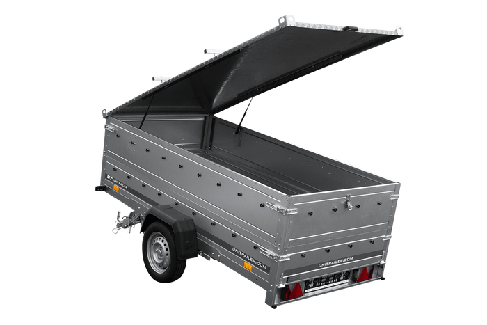 Einachsiger Anhänger auf Blattfedern 264×125 UNITRAILER GARDEN 264/R KIPP mit BIS-Seitenwänden und Aluminiumabdeckung-Neu