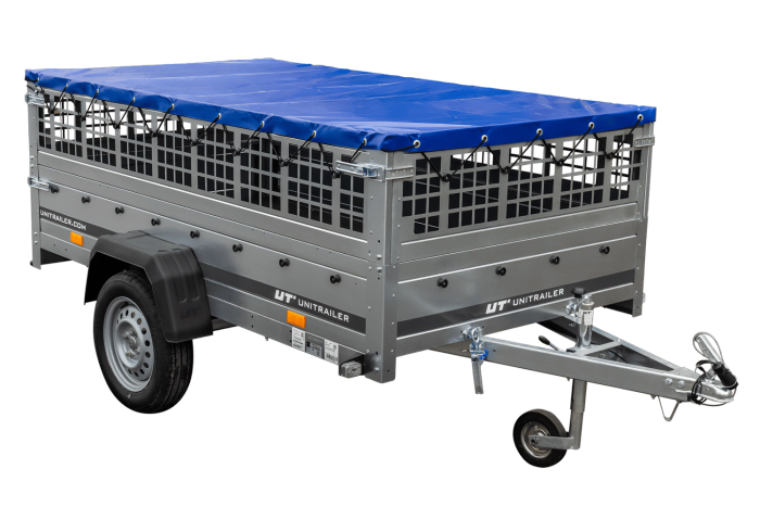Einachsiger Anhänger auf Blattfedern 264×125 UNITRAILER GARDEN 264/R KIPP mit Gitterseitenwänden, H-0-Rahmen und blauer Plane-Neu