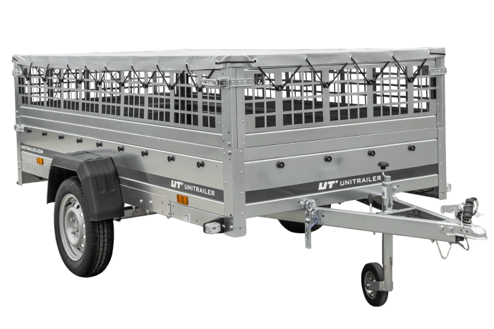 Einachsiger Anhänger auf Blattfedern 264×125 UNITRAILER GARDEN 264/R KIPP mit Gitterseitenwänden, H-0-Rahmen und grauer Plane-Neu
