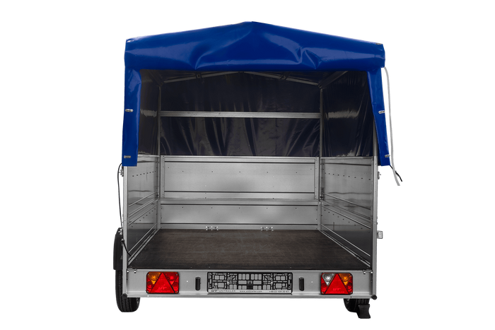 Einachsiger Anhänger auf Blattfedern 264×150 UNITRAILER GARDEN 265/R KIPP mit BIS-Seitenwänden, H-800-Rahmen und blauer Plane-Neu