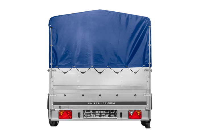Einachsiger Anhänger auf Blattfedern 264×150 UNITRAILER GARDEN 265/R KIPP mit BIS-Seitenwänden, H-800-Rahmen und blauer Plane-Neu