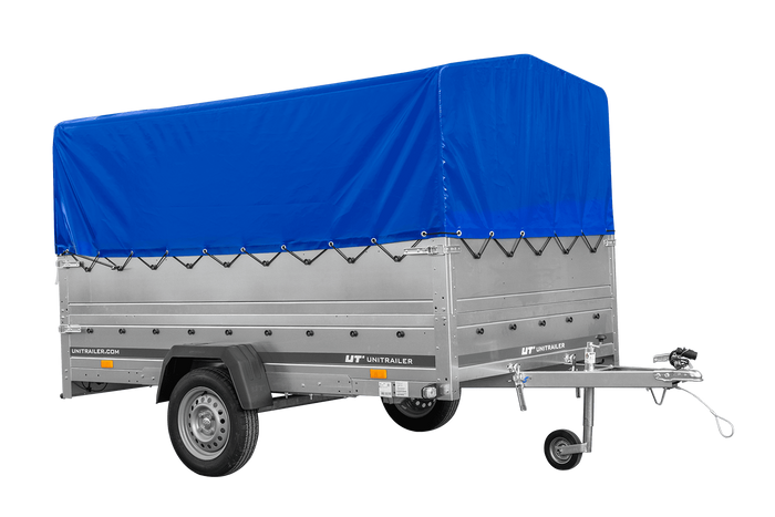 Einachsiger Anhänger auf Blattfedern 264×150 UNITRAILER GARDEN 265/R KIPP mit BIS-Seitenwänden, H-800-Rahmen und blauer Plane-Neu