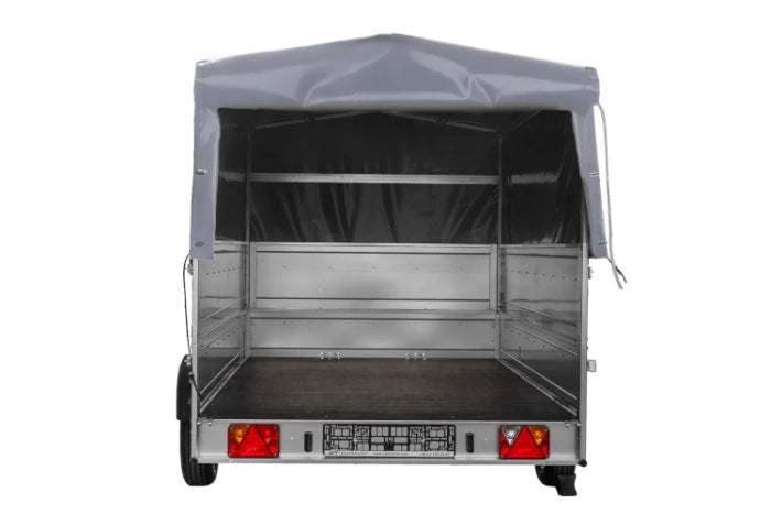 Einachsiger Anhänger auf Blattfedern 264×150 UNITRAILER GARDEN 265/R KIPP mit BIS-Seitenwänden, H-800-Rahmen und grauer Plane-Neu