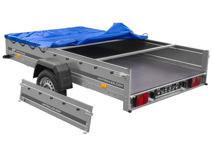 Einachsiger Anhänger auf Blattfedern 264×150 UNITRAILER GARDEN 265/R KIPP mit H-0-Rahmen und blauer Plane-Neu