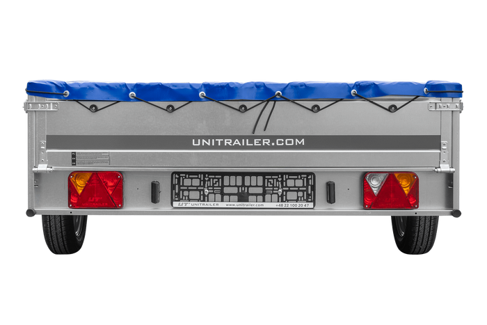 Einachsiger Anhänger auf Blattfedern 264×150 UNITRAILER GARDEN 265/R KIPP mit H-0-Rahmen und blauer Plane-Neu