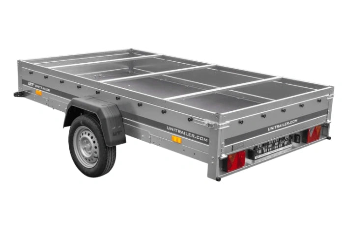 Einachsiger Anhänger auf Blattfedern 264×150 UNITRAILER GARDEN 265/R KIPP mit H-0-Rahmen und grauer Plane-Neu